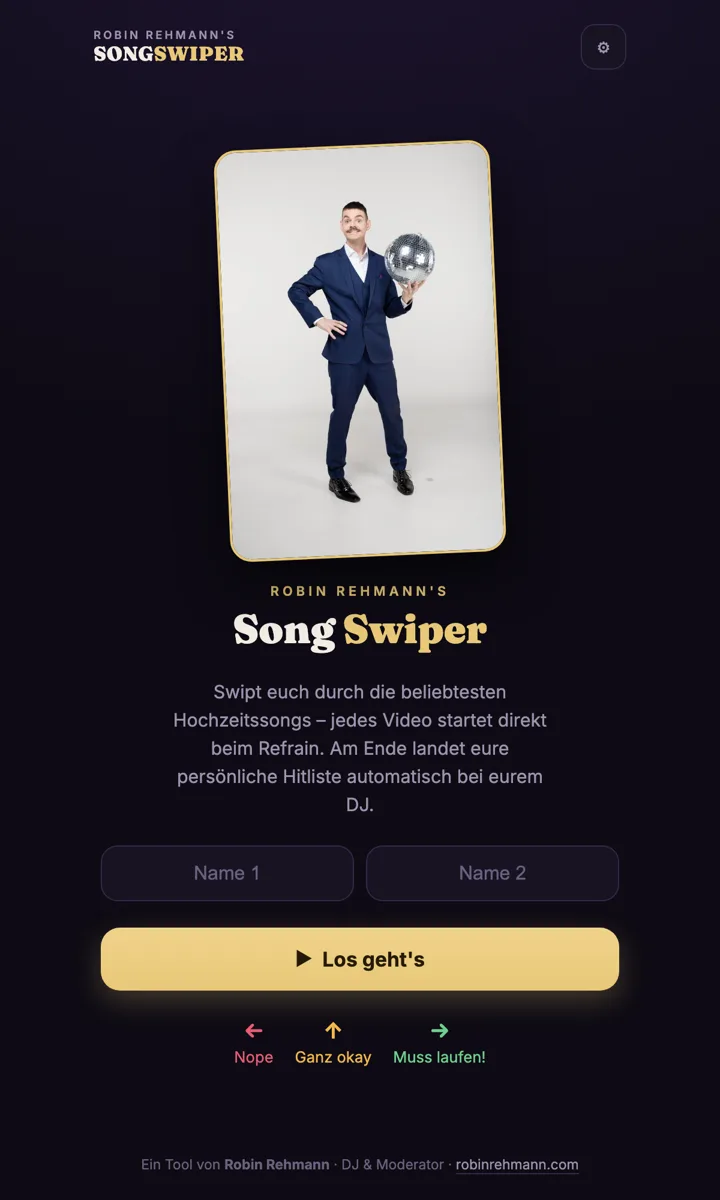 Startseite des Song-Swipers von Robin Rehmann